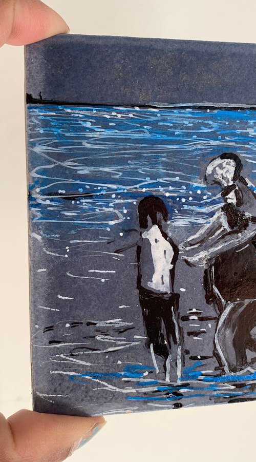 Holiday Acrylic Painting of Man and Children in the Sea Art Home Decor Gift Ideas by Kumi Muttu