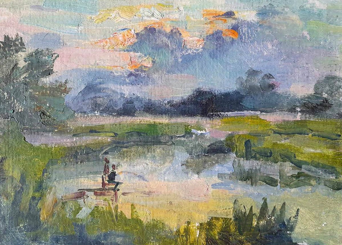 Impressionistic Landscape Oil Painting By Ivan Kovalenko, 14 X 10, Rest On The Pond, Original Artwork