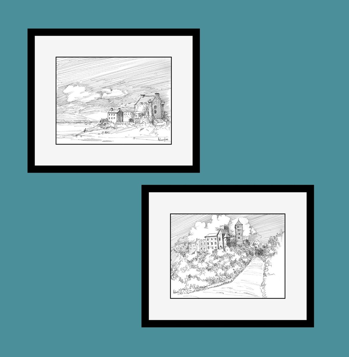 Illustrative Ink Drawing , Set Of Two European Castles By Asha Shenoy, 9 X 7, Artwork For Sale On Artfinder