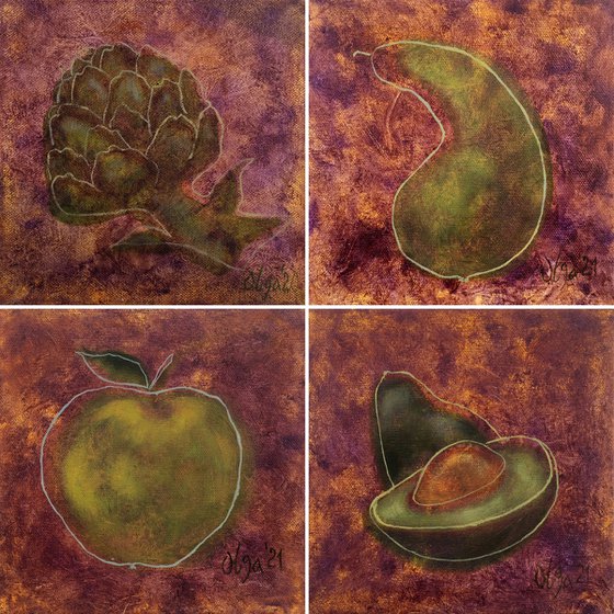Set of 4 small paintings - Fruits original oil painting - Artichoke, pear, apple, avocado (2021)