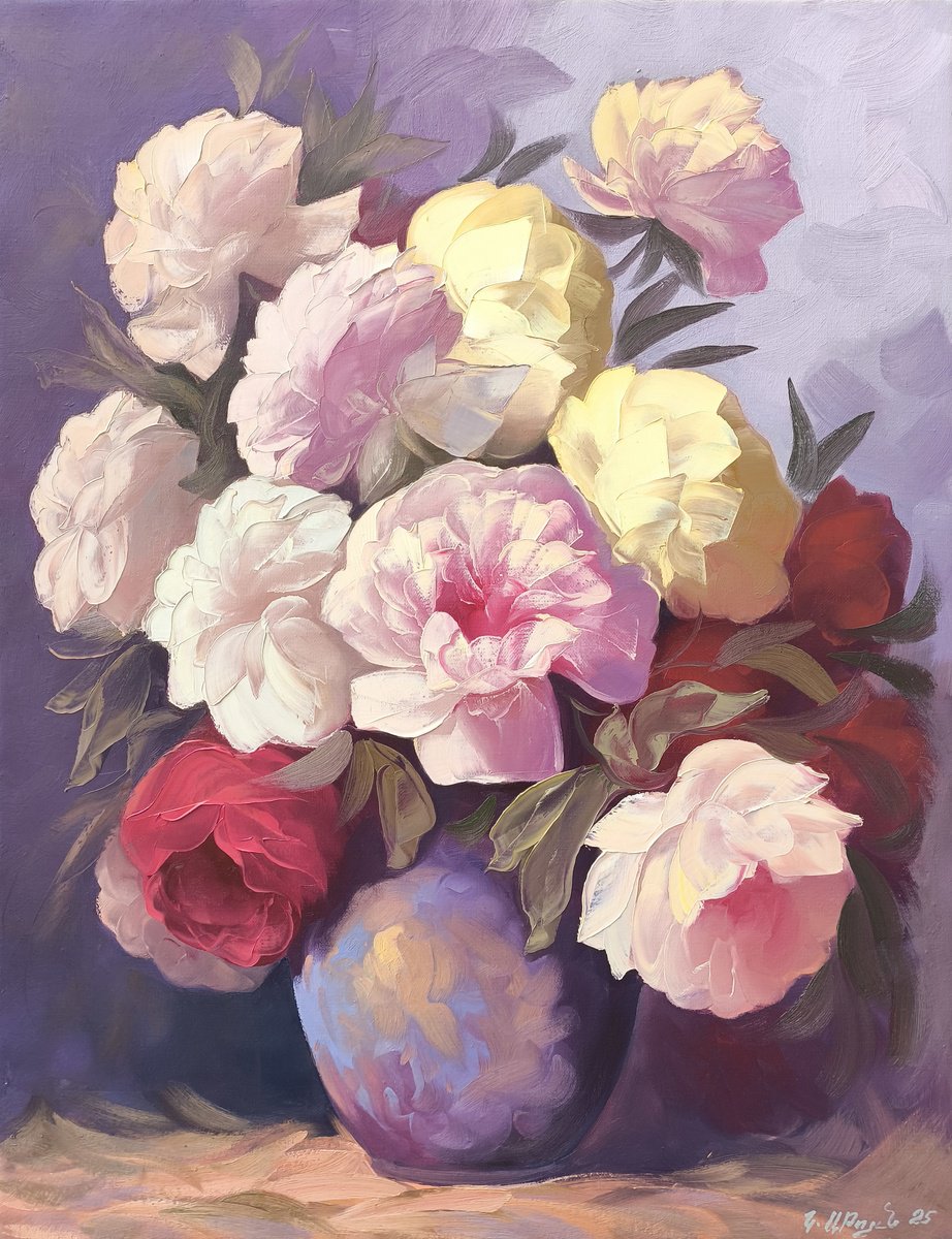 Impressionistic Botanical Oil Painting By Kamo Atoyan, 24 X 31", Elegance Of Peonies, Original Artwork