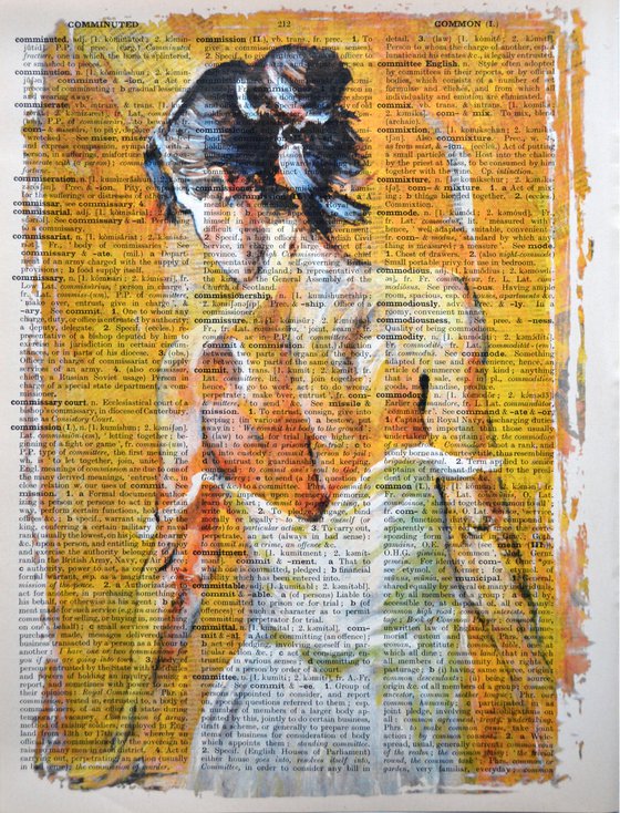 Yellow Portrait of Girl - Collage Art on Large Real English Dictionary Vintage Book Page