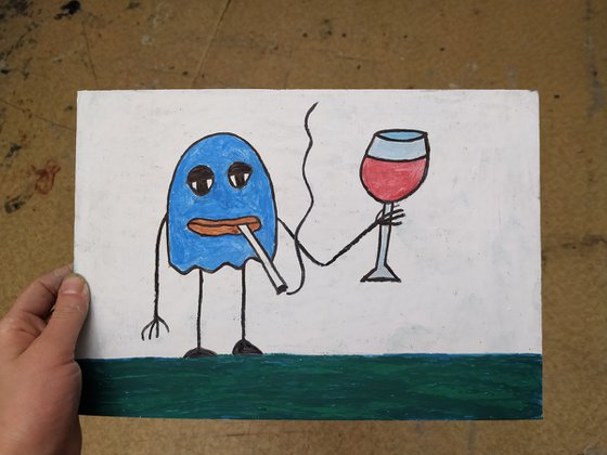 Blue man with red wine