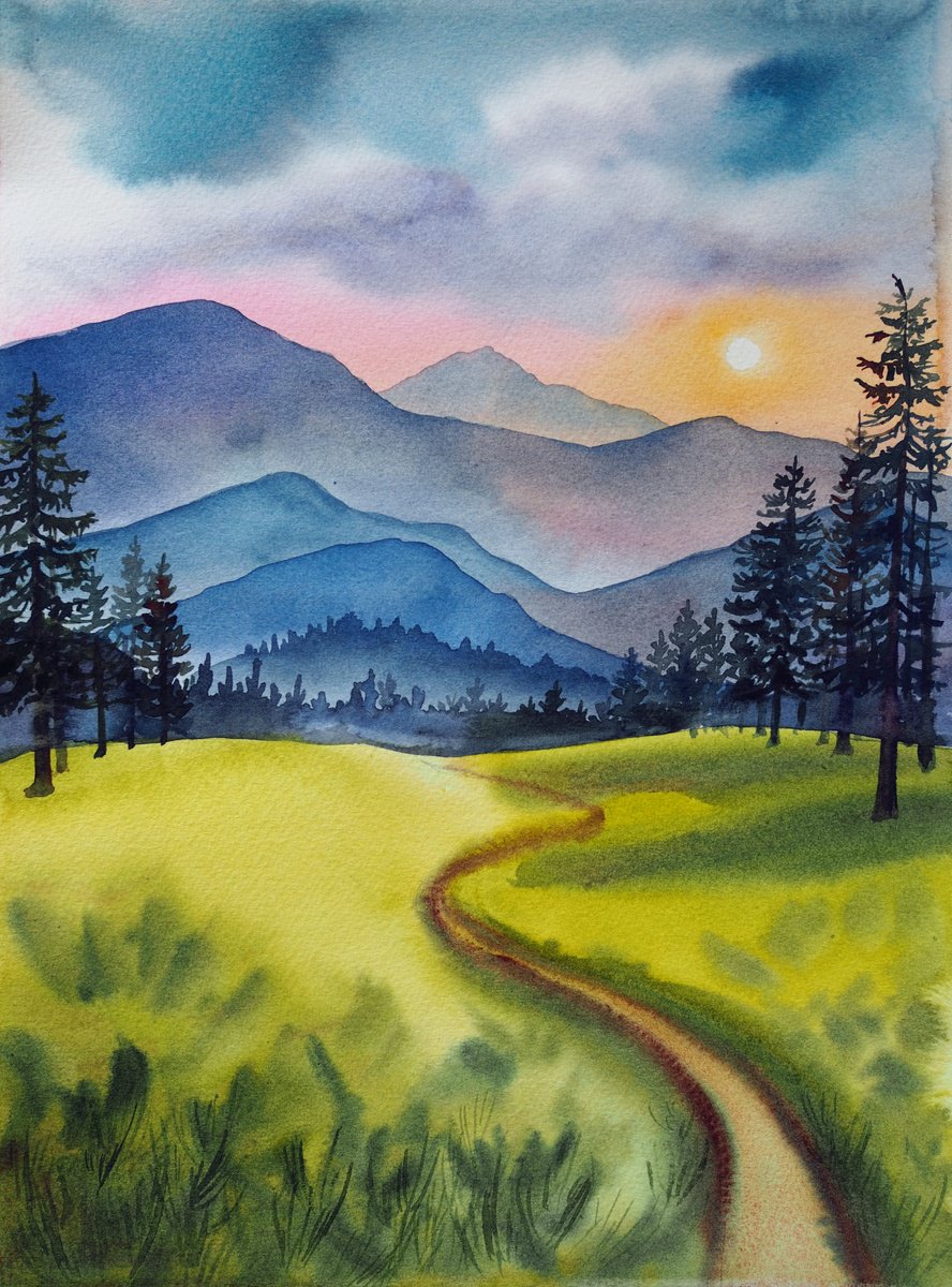 Impressionistic Landscape Watercolour By Delnara El, 10 X 14, Sunset In The Mountains, Original Artwork