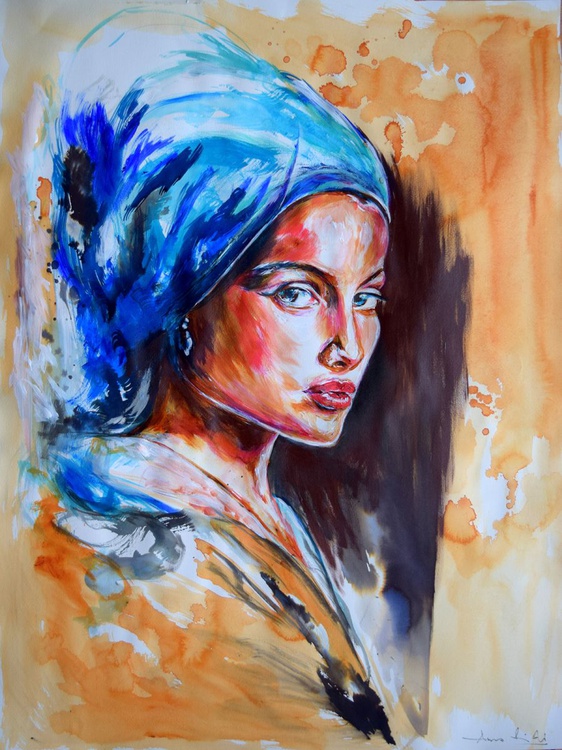 The Girl With The Blue Scarf 65 Cm X 50 Cm Artfinder