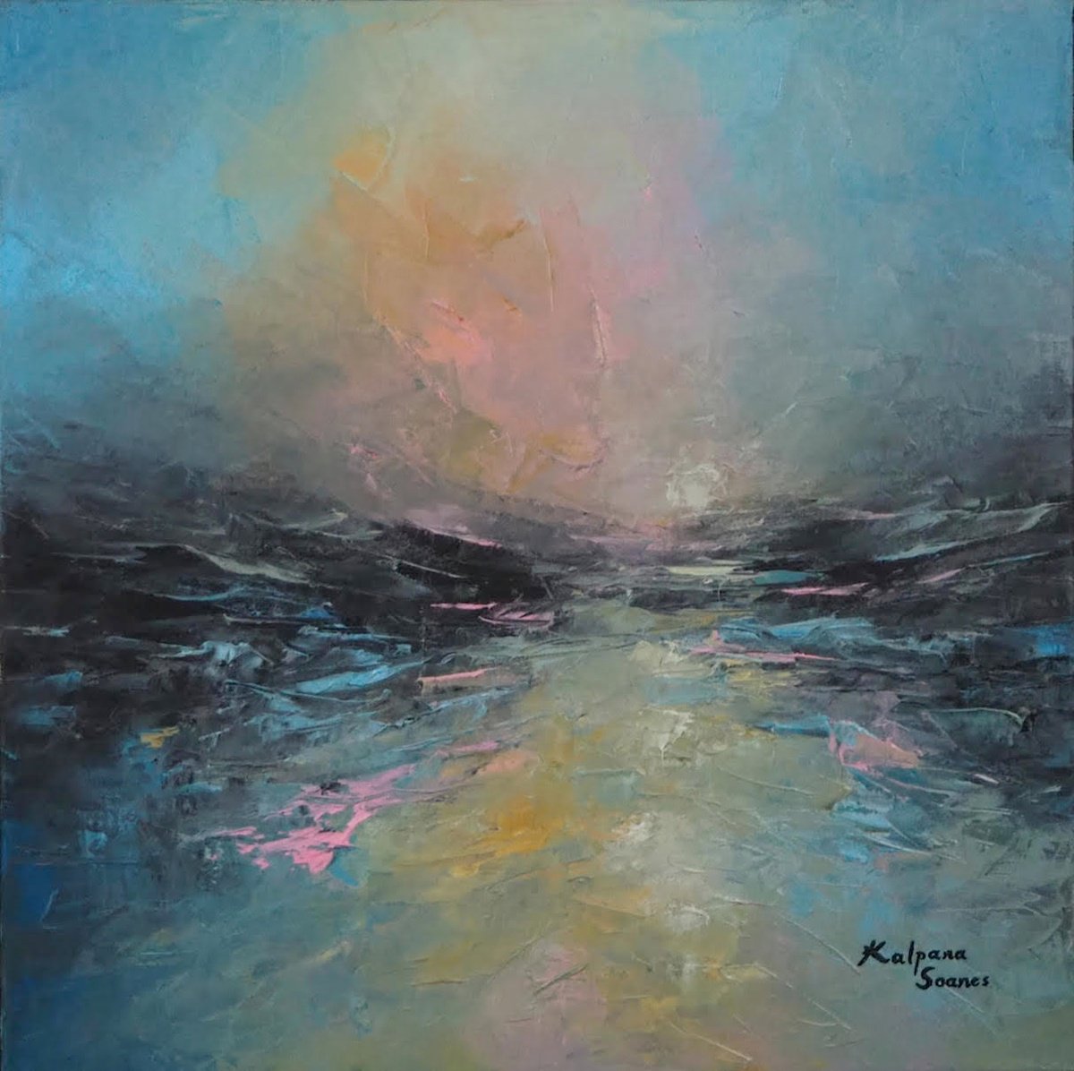 Impressionistic Landscape Oil Painting By Kalpana Soanes, 26 X 26", Water Moon, Original Artwork