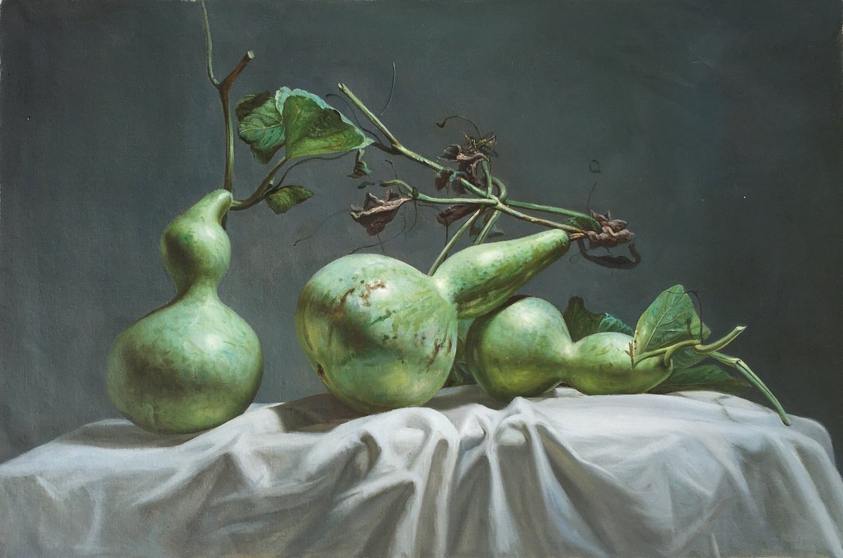 Photorealistic Oil Painting , Still Life:gourds T242 By Kunlong Wang, 35 X 24, Artwork For Sale On Artfinder