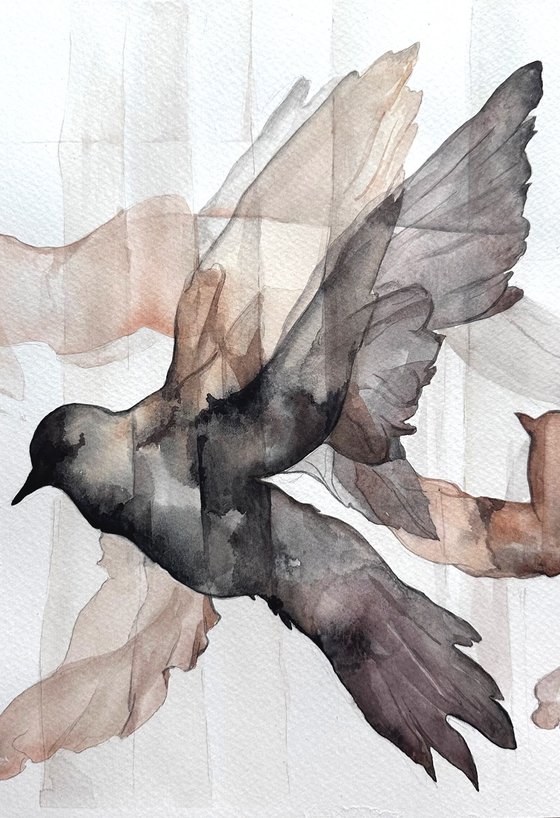 Beige - Black Flying pigeons Silhouette