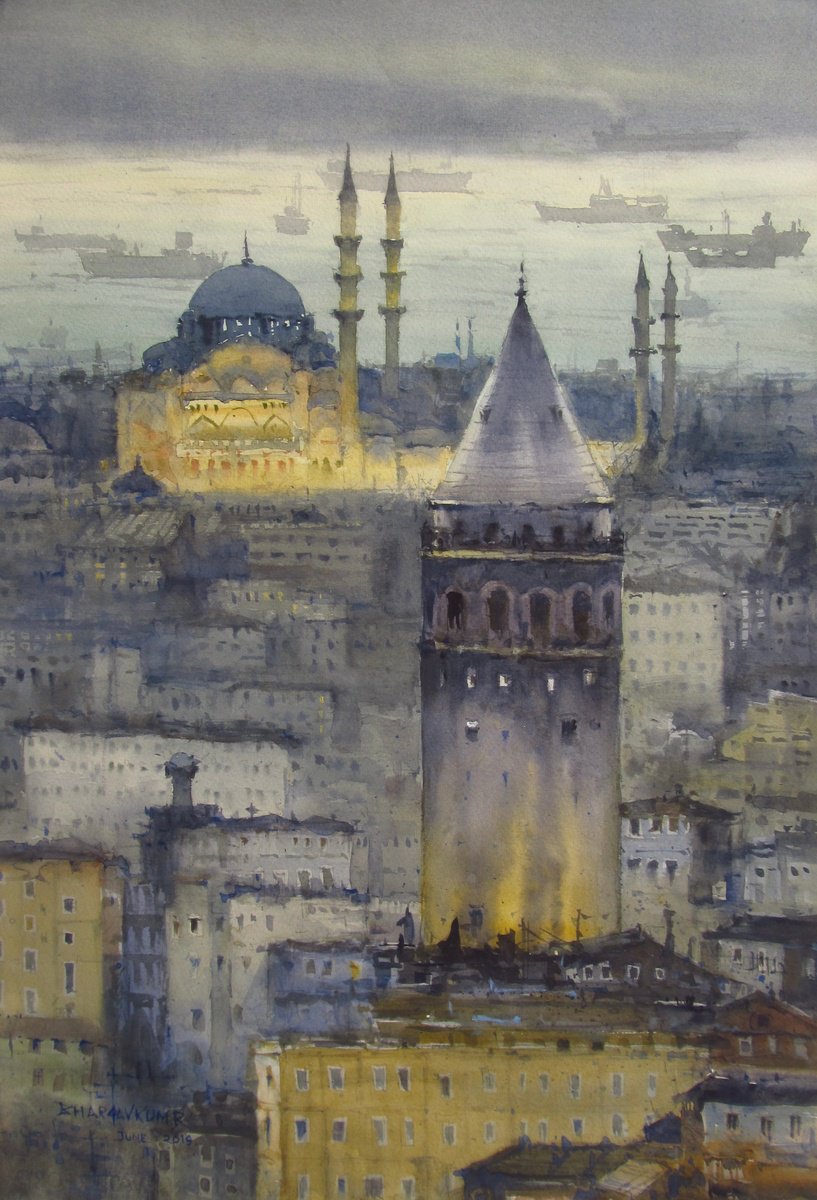 Impressionistic Cityscapes Watercolour By Bhargavkumar Kulkarni, 14 X 22, Istanbul Evening, Original Artwork