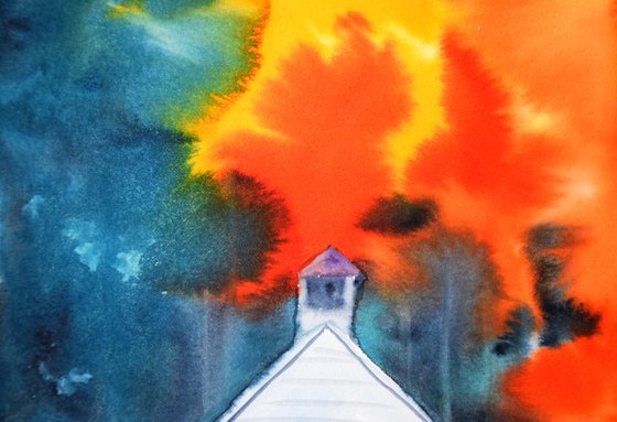 Fall abstract landscape original watercolor painting, cabin autumn forest, housewarming gift