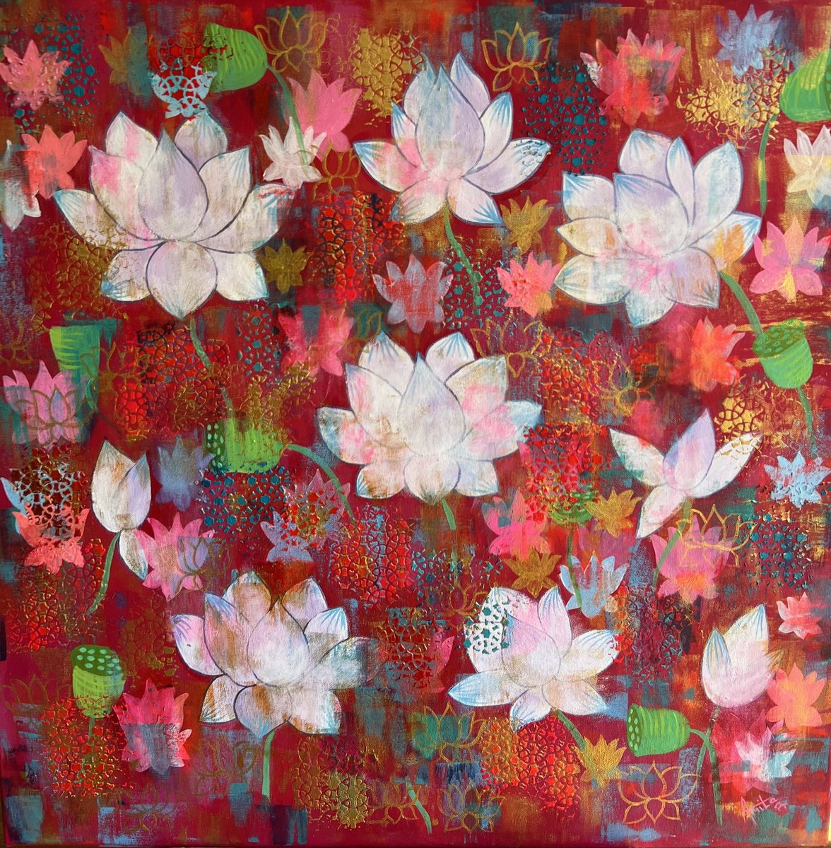 Expressive Botanical Acrylic Painting By Amita Dand, 30 X 30, Neerja - The White Lotus, Original Artwork