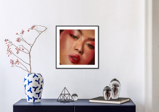 Ni - beauty oil painting of pretty asian women female on canvas with red lips makeup contemporary portrait lady