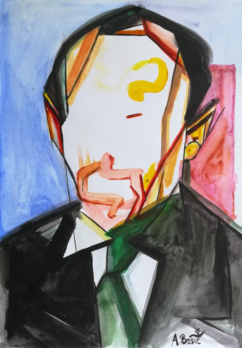 Geometric Portrait Painting By Aleksandar Basic, 12 X 17, Ben Nicholson, Original Artwork