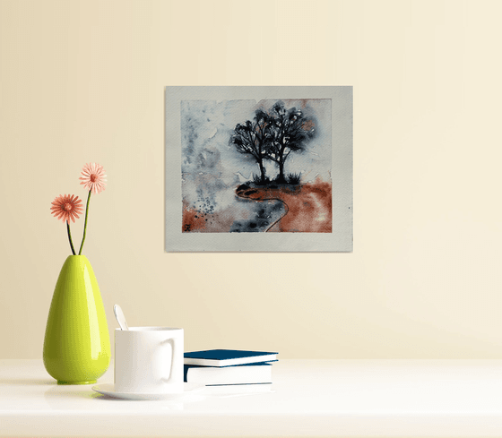 Fall tree ORIGINAL watercolor painting, minimalistic black and white wall art, hygge home decor