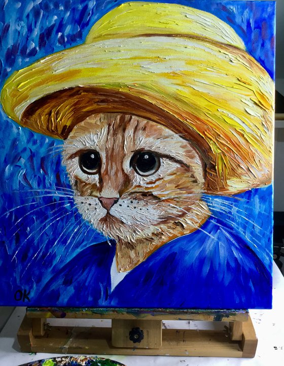 Cat La Van Gogh in a straw hat modern oil painting feline art Van Gogh influence art for animal lovers