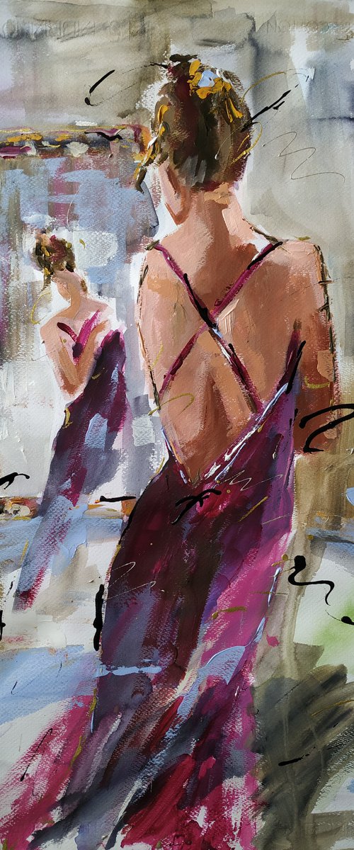 Magenta Dress - Woman Mixed Media Painting on Paper by Antigoni Tziora