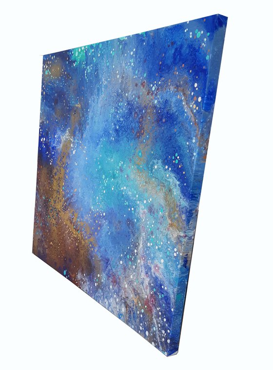 "The unknown beckons" space, sky, sea landscape, original acrylic painting, abstract art, office home decor, blue, gold, copper