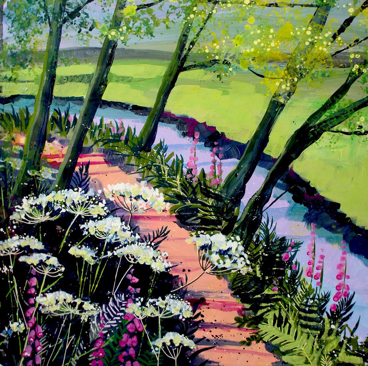 Impressionistic Landscape Acrylic Painting By Julia Rigby, 16 X 16", Cow Parsley By The Stream, Original Artwork