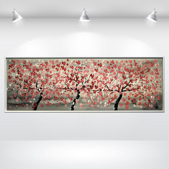 Three Sisters  acrylic abstract painting cherry blossoms nature painting framed canvas wall art