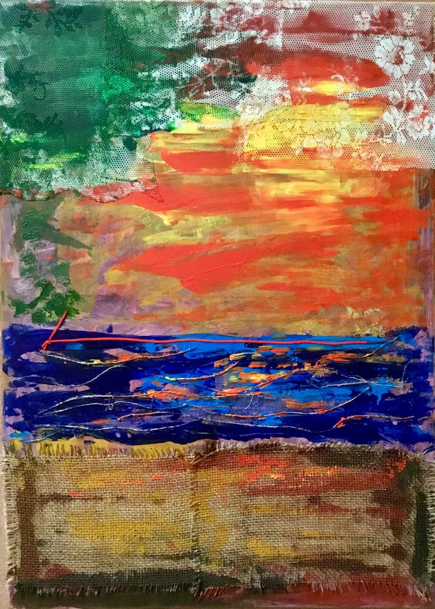 Organic Abstract Acrylic Painting By Vera Klimova, 20 X 28", Sunset, Original Artwork