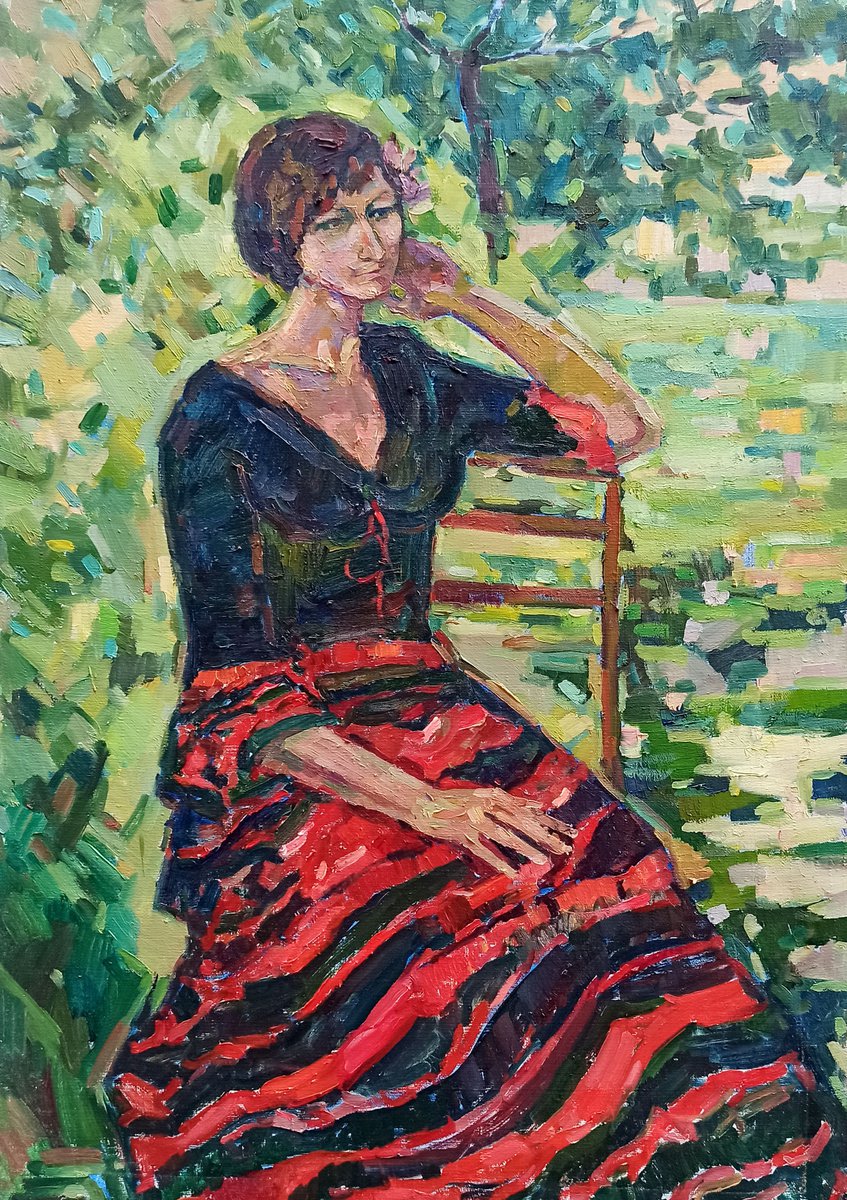 Impressionistic Portrait Oil Painting By Peter Tovpev, 28 X 39", Portrait Of A Girl In The Garden, Original Artwork