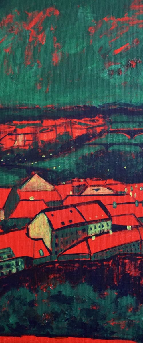 Big acrylic painting Red roofs of Prague, green and red by Kate Grishakova