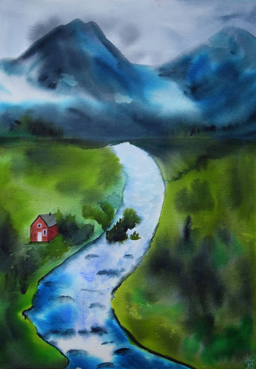 Norway mountain landscape watercolor painting, hygge home decor by Kate Grishakova