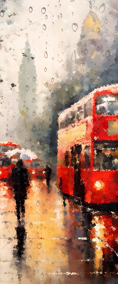 Rainy evening in London. Urban cityscene impressionistic landscape art. Large wall home decor. Art Gift by BAST