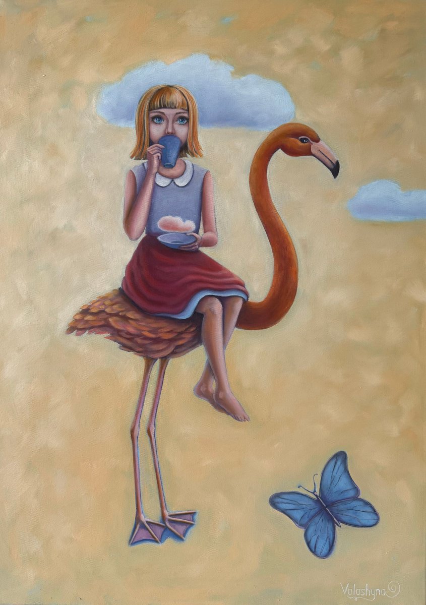 Surrealistic Oil Painting , Girl, Flamingo And Butterfly By Mary Voloshyna, 20 X 28, Artwork For Sale On Artfinder