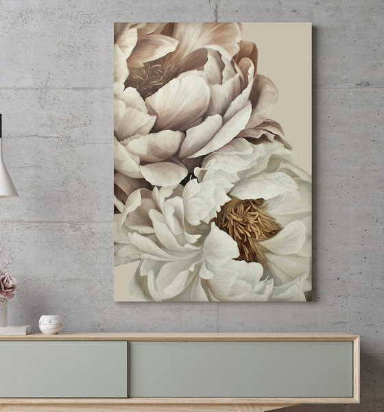 "Gray Silk Flowers 2" Gray white peony art