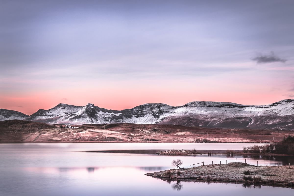 Winter at Loch Mealt -   Extra large CANVAS Dawn Sky Pink and Grey by Lynne Douglas
