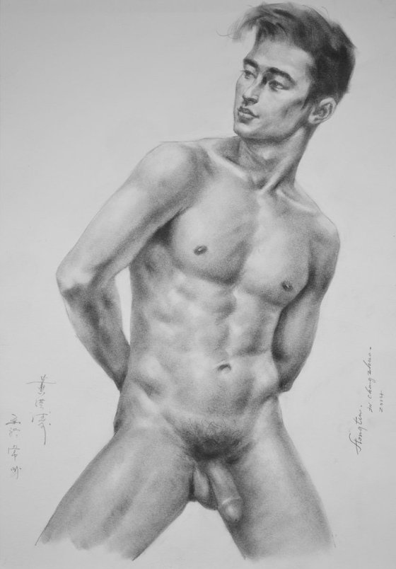 original art drawing charcoal male nude man  on paper #16-4-7-02