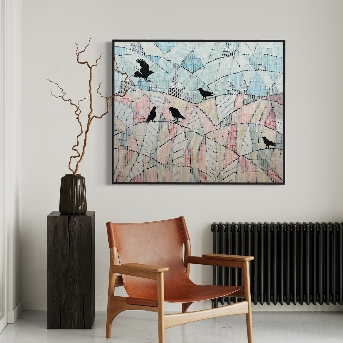 Abstract Landscape Acrylic Painting By Samantha Malone, 47 X 39", Crows On A Wire, Original Artwork