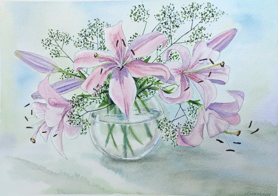 Lilies in a glass vase. Watercolor painting by Svetlana Vorobyeva