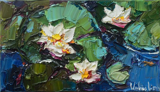 Water Lilies in pond  - Impasto Original Oil painting