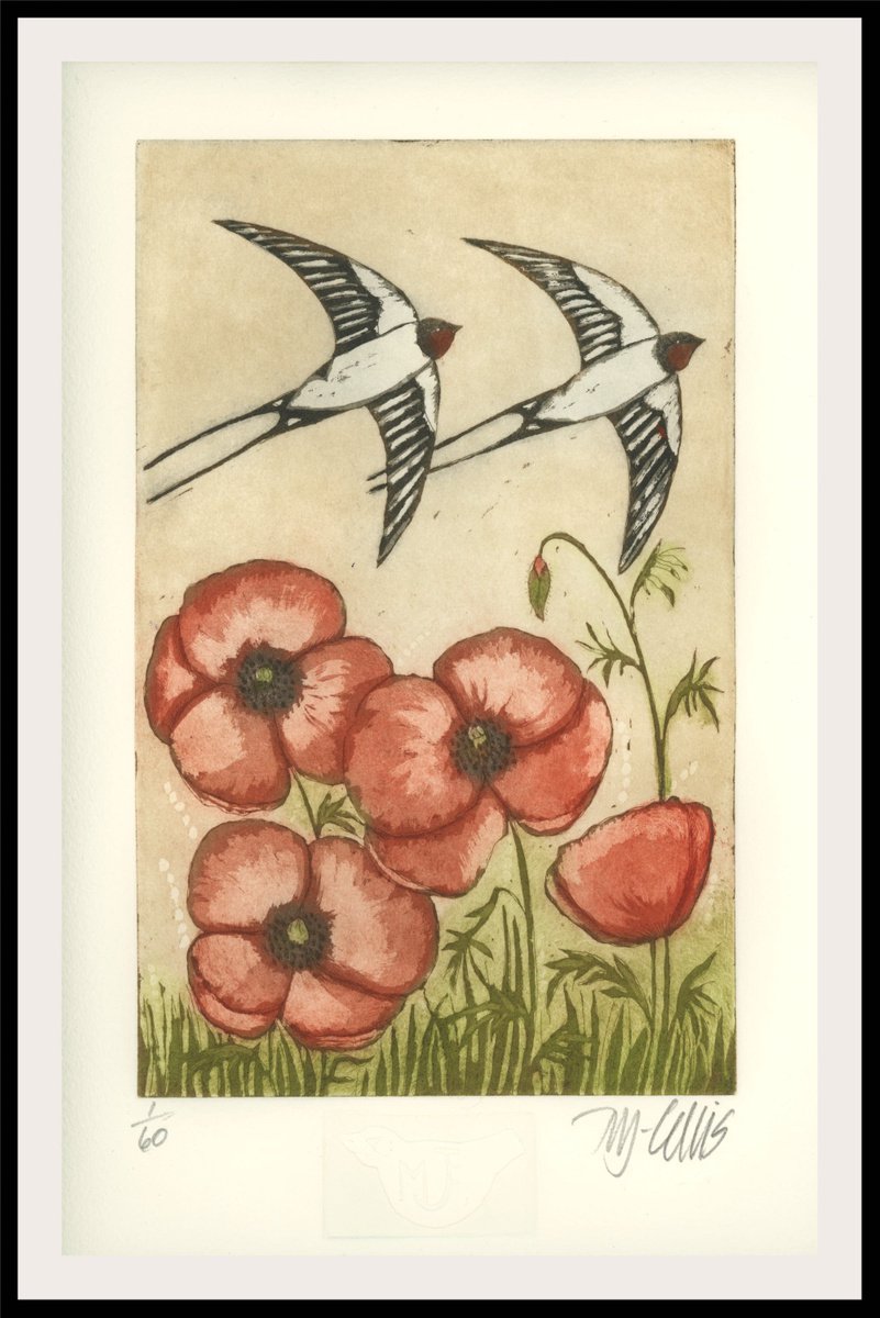 Swallows and Poppies, aquatint etching by Mariann Johansen-Ellis