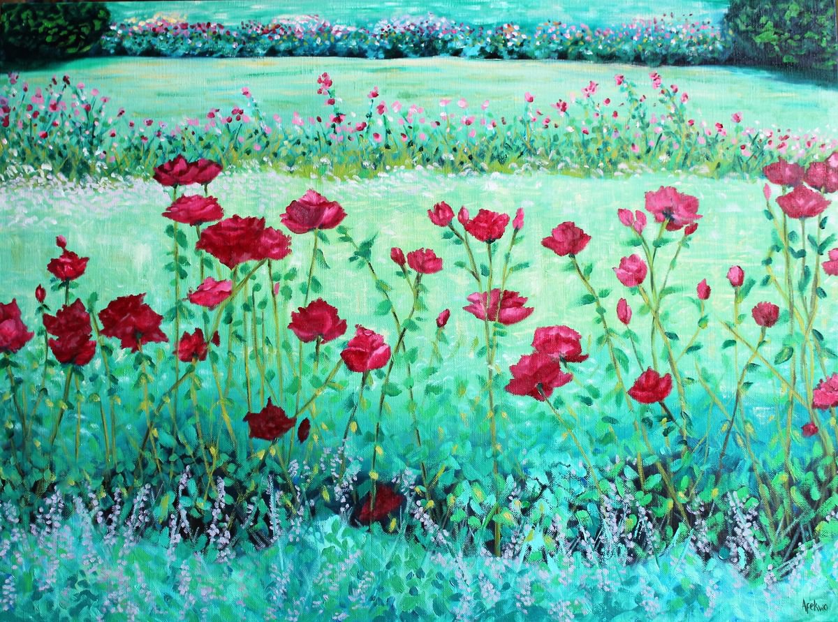 Impressionistic Botanical Oil Painting By Afekwo, 30 X 22, Rose Garden, Original Artwork