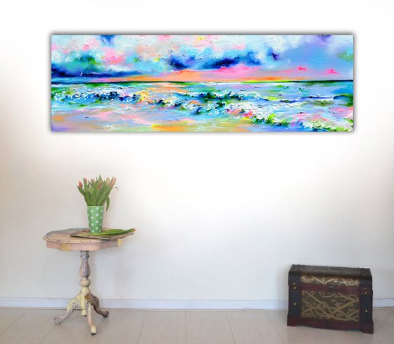 New Horizon 139 - 120x40 cm, Colourful Painting, Colourful Sunset Painting, Impressionistic Colorful Painting, Large Modern Ready to Hang Abstract Landscape, Pink Sunset, Sunrise, Ocean Shore