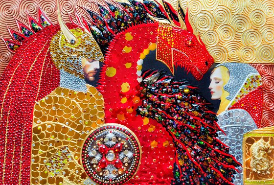 Princess, knight and red dragon. Fantasy art, original decorative red painting on canvas