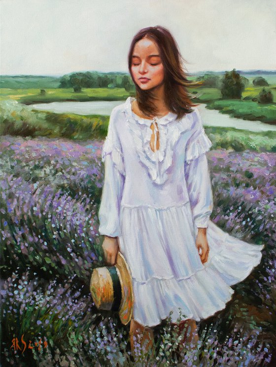 LAVENDER WIND - Majestic Symphony of Nature: Elevate Your Space with the Oil Painting with Beautiful Girl and Tranquility of Lavender Field