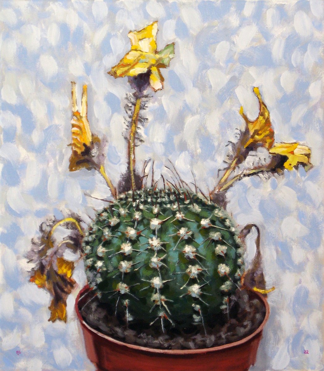 Botanical Oil Painting By Richard Gibson, 14 X 16", Barrel Cactus, Original Artwork