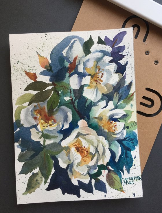 "White rosehip", a miniature painting of flowers.
