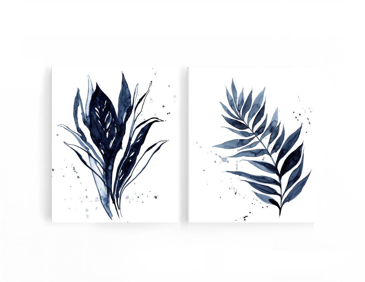 Leaves Watercolor Painting in Inky Blue Diptych by Sophie Rodionov