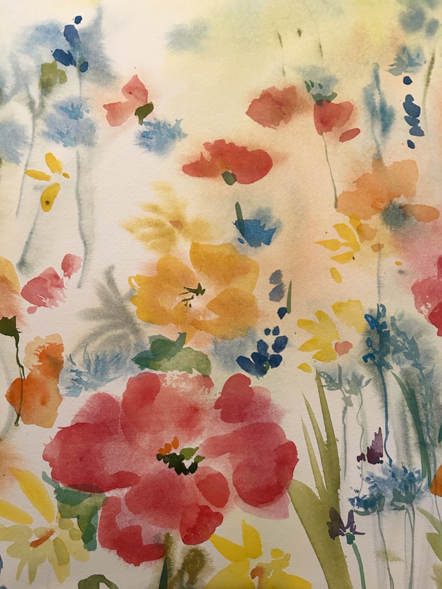Impressionistic Botanical Watercolour By Annette Wolters, 28 X 19, Pretty Poppies, Original Artwork