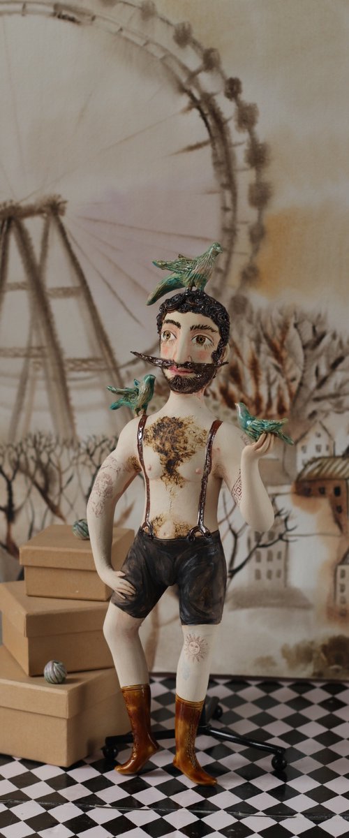Charming Gentlemen with birds. Vintage Strongman. Wall sculpture by Elya Yalonetski