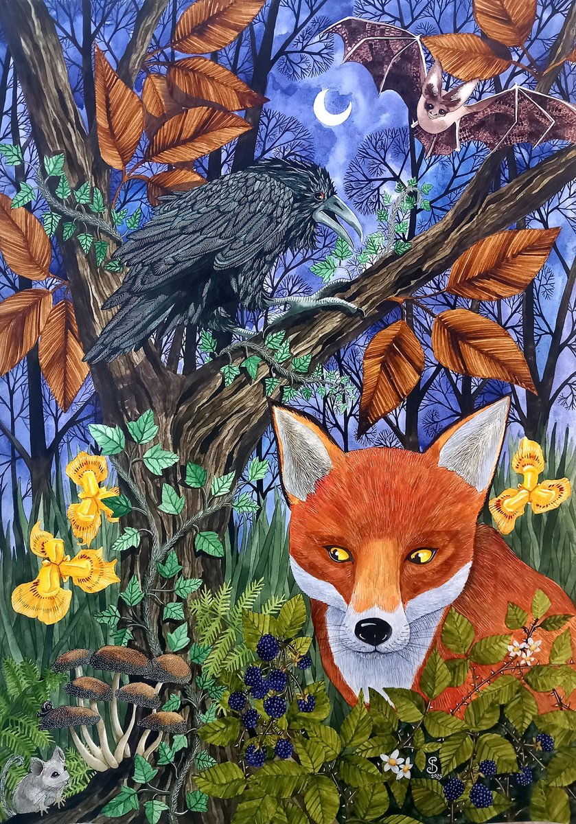 Illustrative Animal Painting By Terri Smith, 28 X 37", Night Watch, Original Artwork