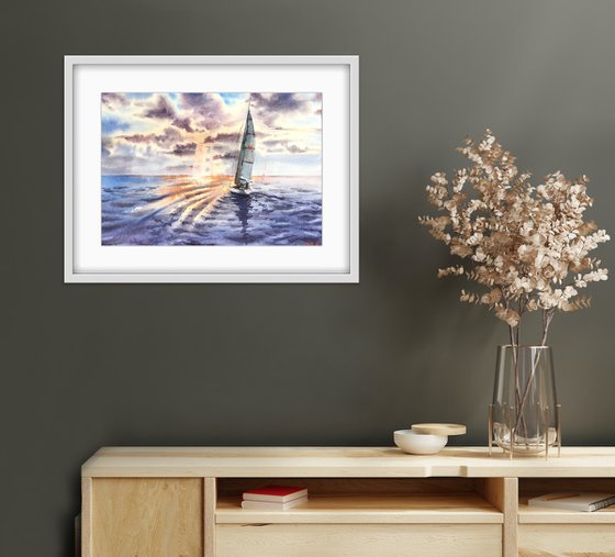 Yacht trip. Sunset at sea. Original artwork.