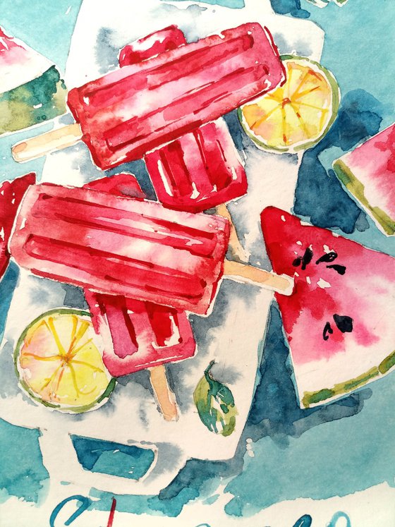 "Summer vibe" modern food still life with watermelon slices on a plate and ice cream watercolor sketch original - series "Artist's Diary"