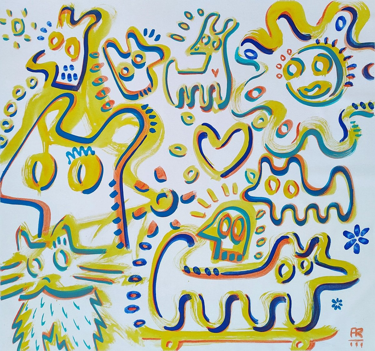 Animal Acrylic Painting By Angel Rivas, 38 X 36, Friends, Original Artwork