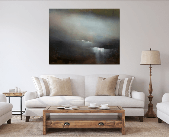 Blue dam 120x90 cm  - gold particles original oil painting landscape gift modern urban art office art decor home decor gift idea